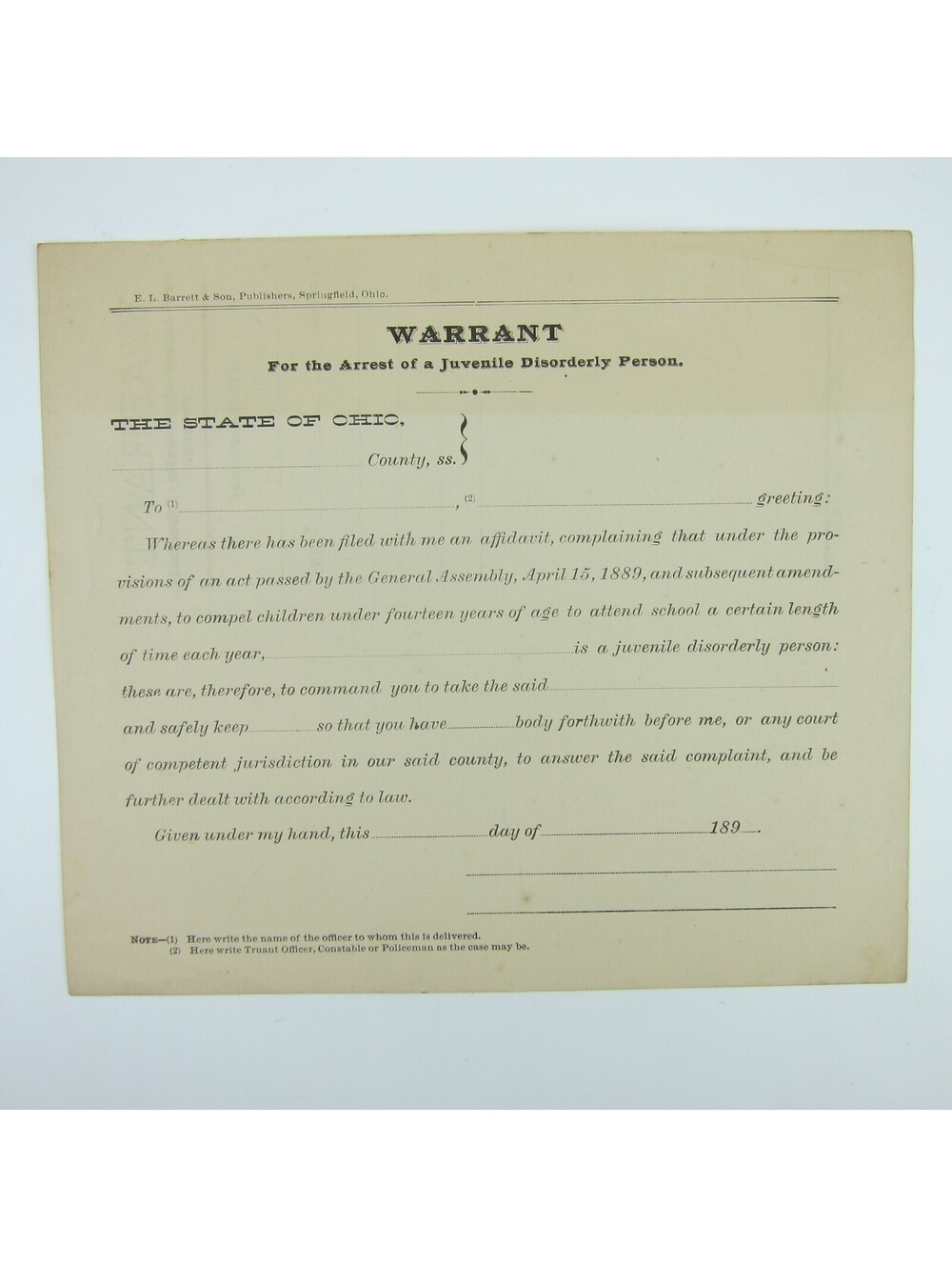 Antique 1890s Ohio Arrest Warrant Juvenile Disorderly Police Record Form Blank